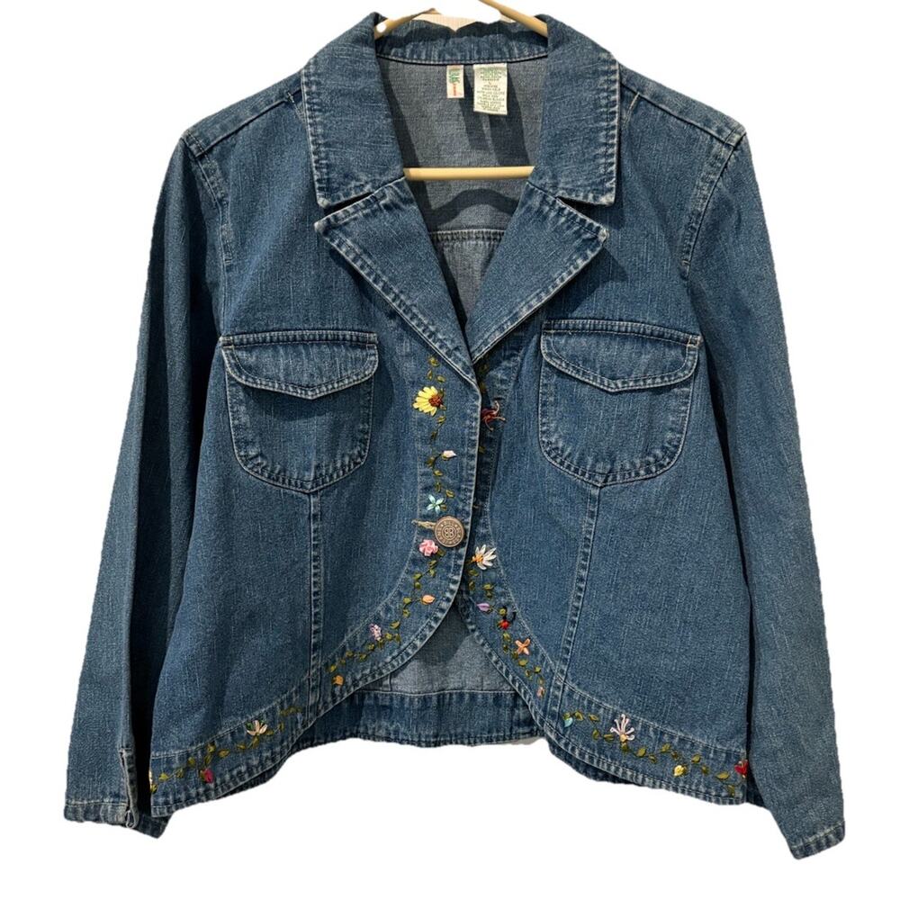Bill Blass Women Vintage Blue Denim Jacket Floral Embroidery Long Sleeve Size L